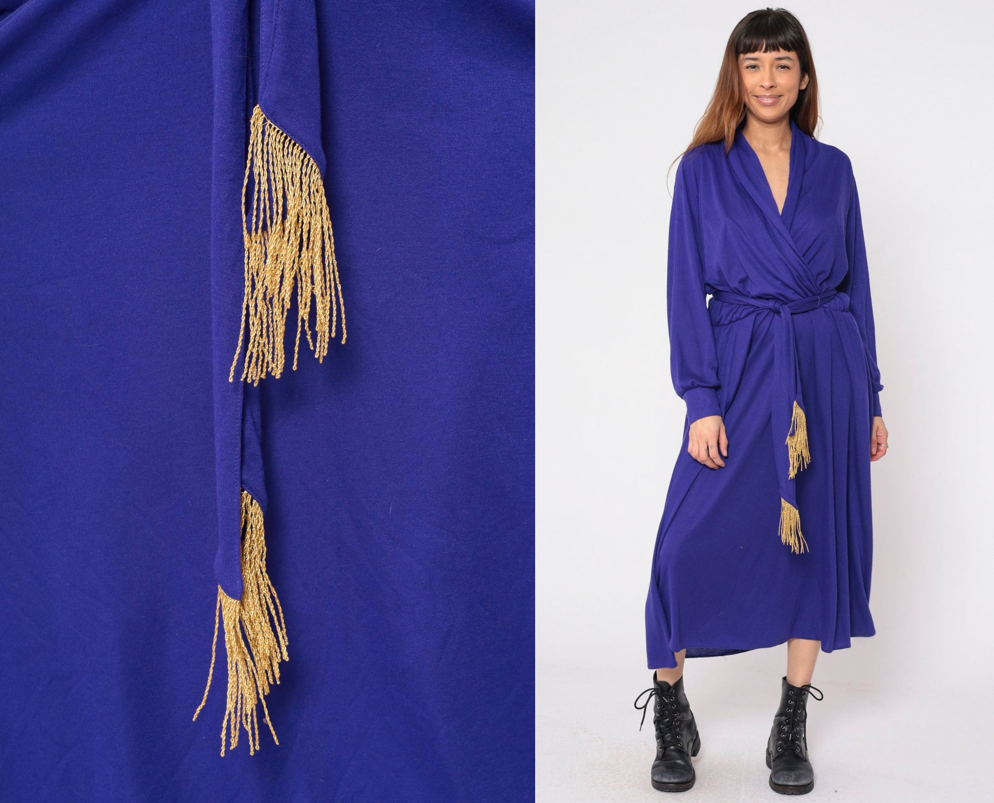Y2K Purple Wrap Maxi Dress Gold Tassel Long Sleeve Draped Ankle Length Large L