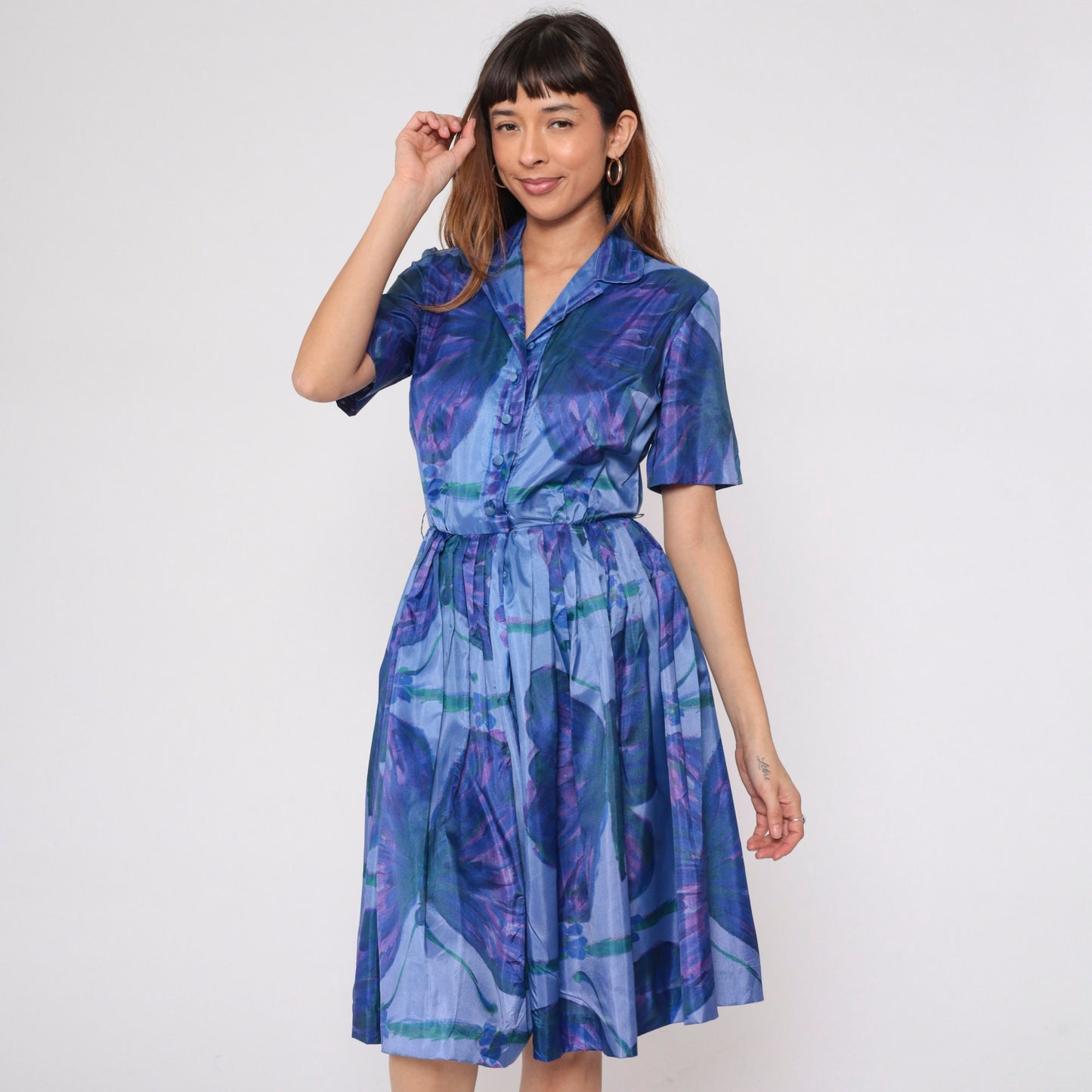 60s Butterfly Print Shirtwaist Dress Purple Blue Knee-Length Small