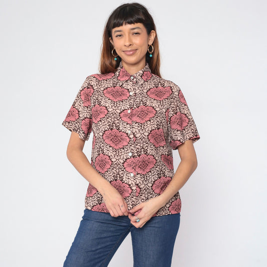 90s Floral Button-Up Blouse Brown Pink Cream Flower Print Short Sleeve Medium