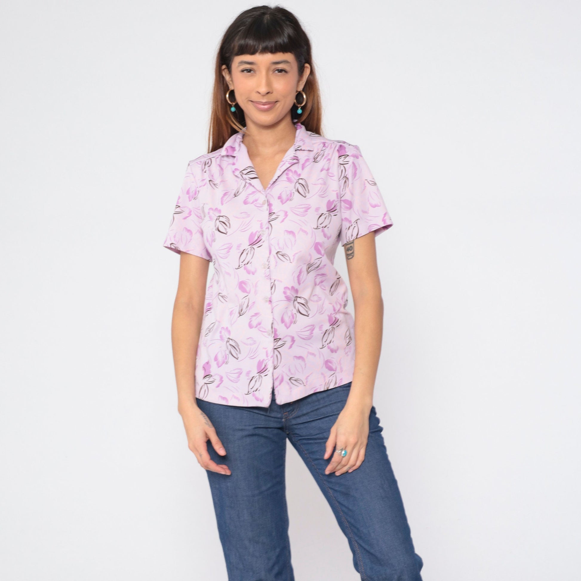 70s Light Purple Floral Button-Up Shirt Lavender Leaf Print Short Sleeve Medium