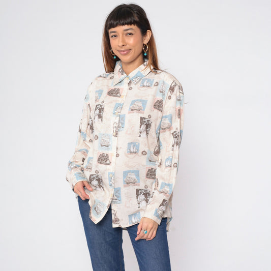 90s Bill Blass Nautical Print Button-Up Blouse Sailboat Compass Long Sleeve Large