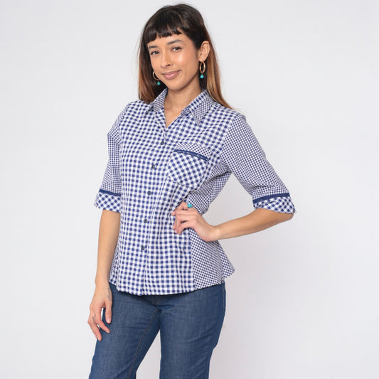 90s Blue White Gingham Button-Up Blouse Half Sleeve Collared Shirt Medium
