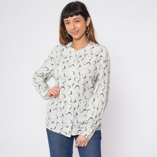 90s Evan Picone Abstract Dot Print Button-Up Blouse White Long Sleeve Medium