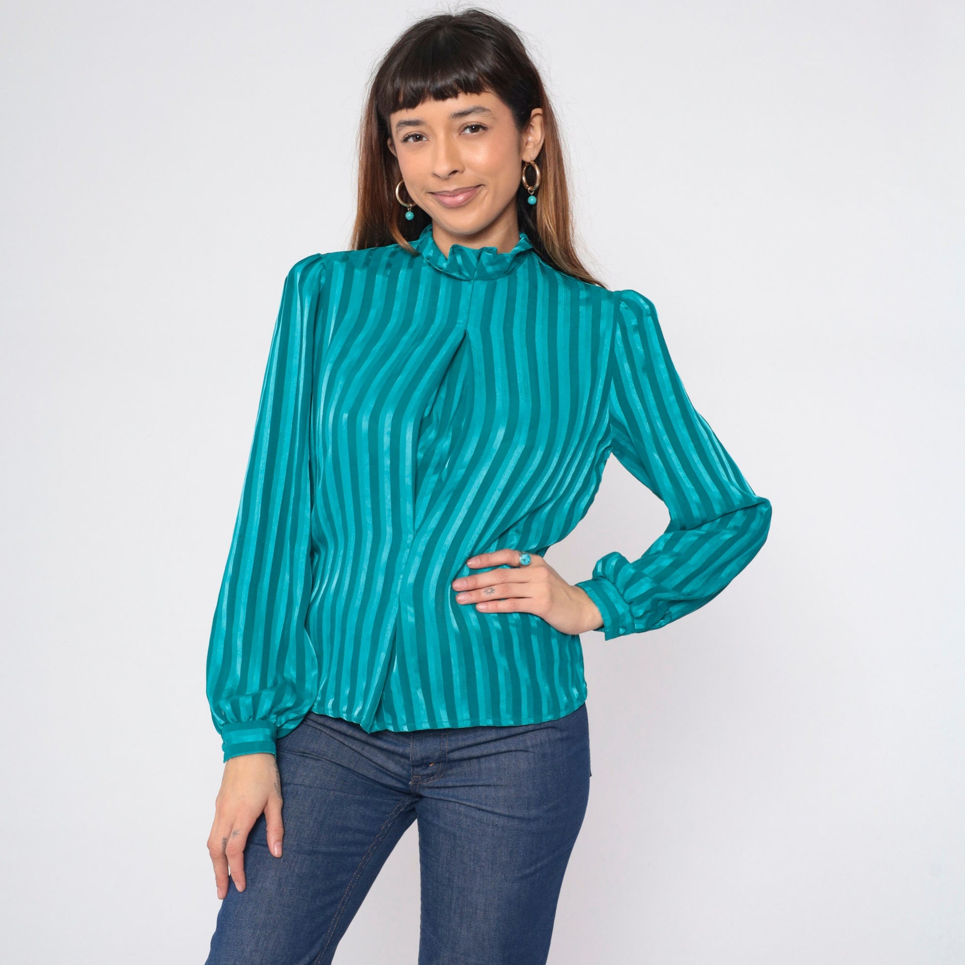 90s Lillian Lawrence Striped Blouse Teal Puff Sleeve Mock Neck Medium M