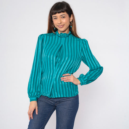 90s Lillian Lawrence Striped Blouse Teal Puff Sleeve Mock Neck Medium M
