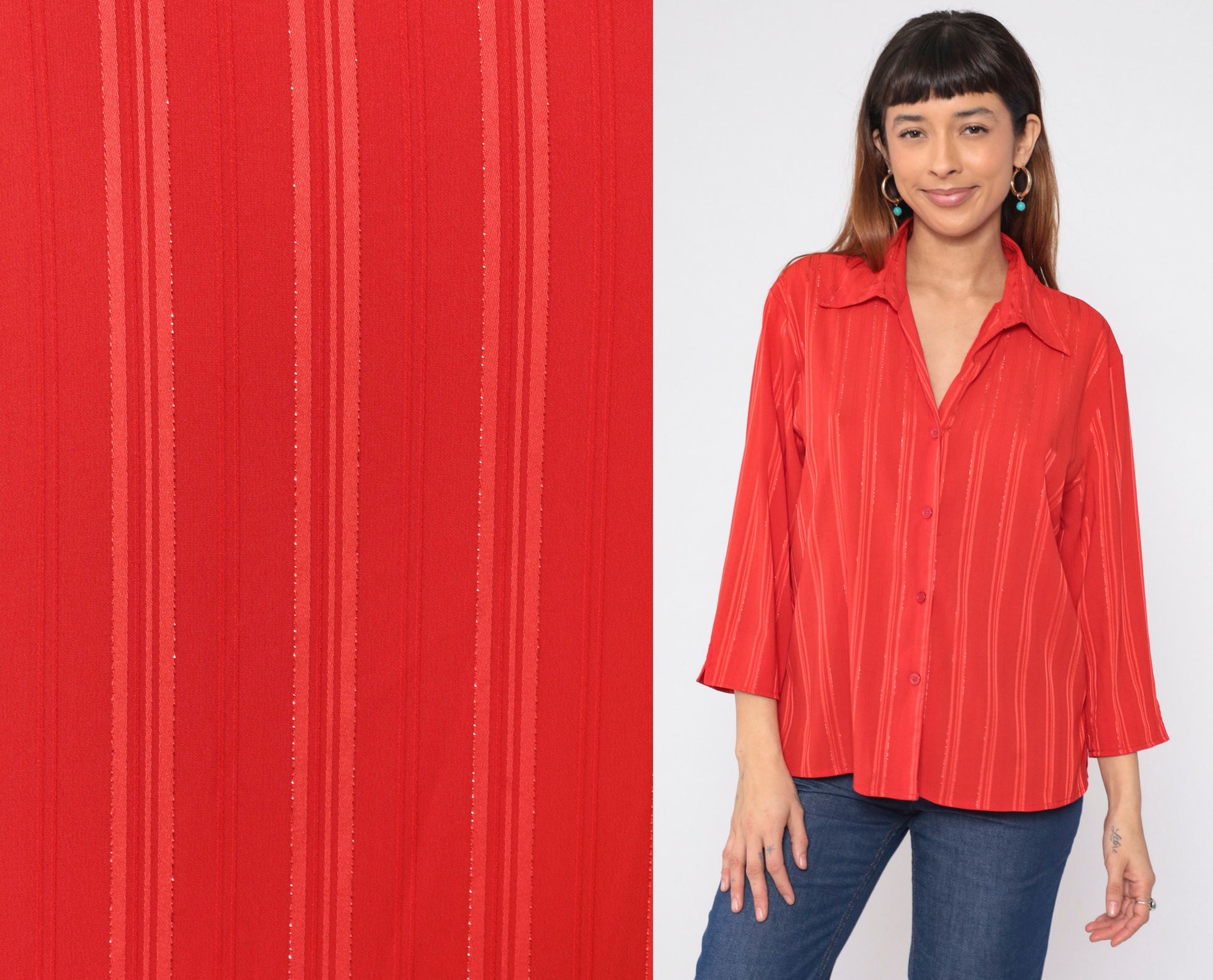 90s Red Metallic Striped Button-Up Blouse Collared V-Neck Large L