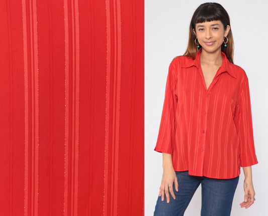 90s Red Metallic Striped Button-Up Blouse Collared V-Neck Large L