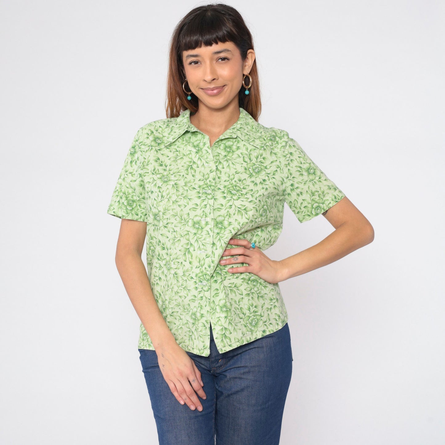 90s Green Floral Button-Up Shirt Short Sleeve Collared Blouse Medium M