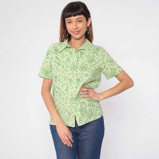 90s Green Floral Button-Up Shirt Short Sleeve Collared Blouse Medium M