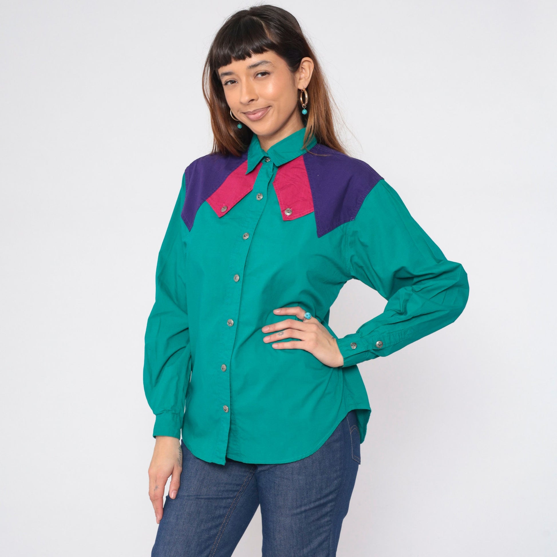 90s Dakota Rodeo Western Blouse Teal Colorblock Yoke Capelet Medium