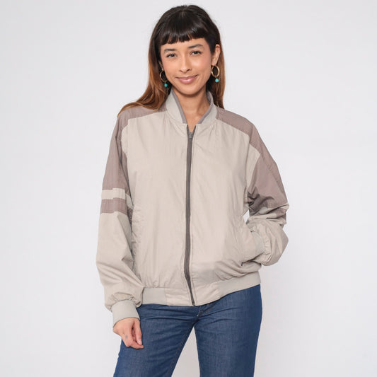 80s Members Only Reversible Windbreaker Jacket Taupe Grey Striped Medium