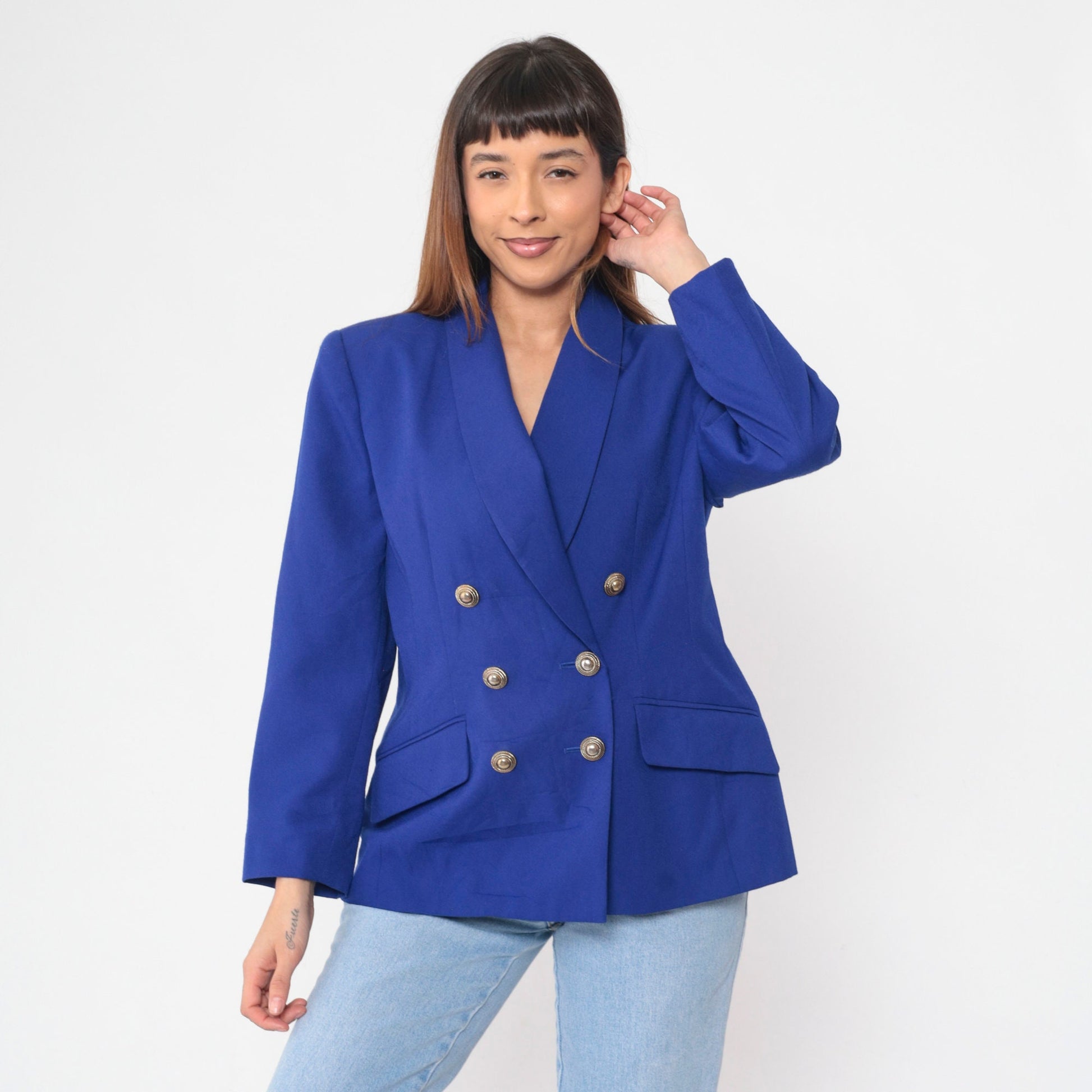 00s Royal Blue Double Breasted Blazer V Neck Tailored Jacket Large 14