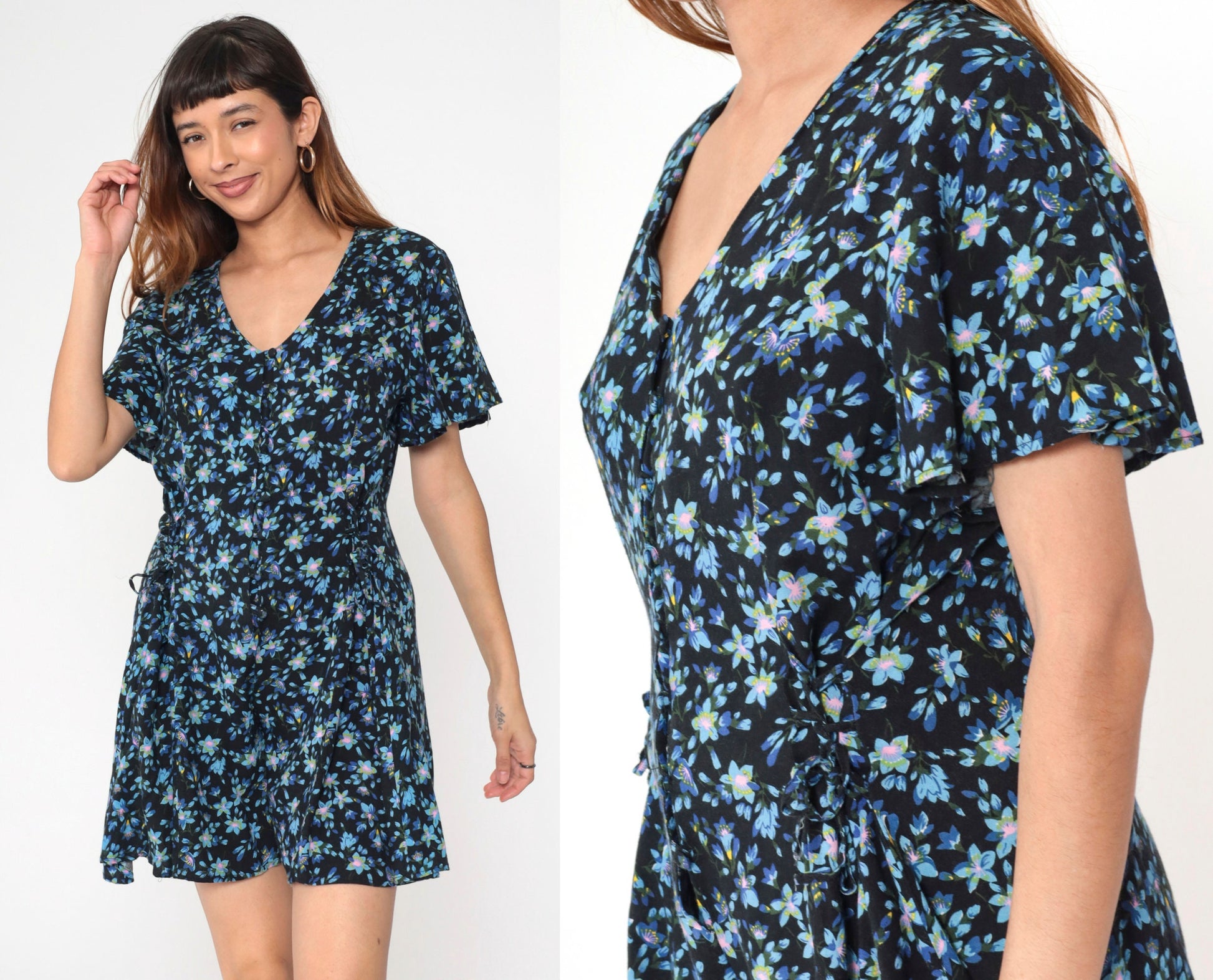 90s Lauren Brooke Floral Romper Black Blue Button Up Wide Leg Medium