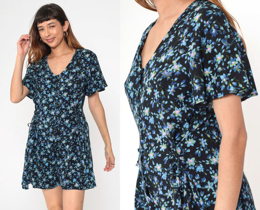 90s Lauren Brooke Floral Romper Black Blue Button Up Wide Leg Medium