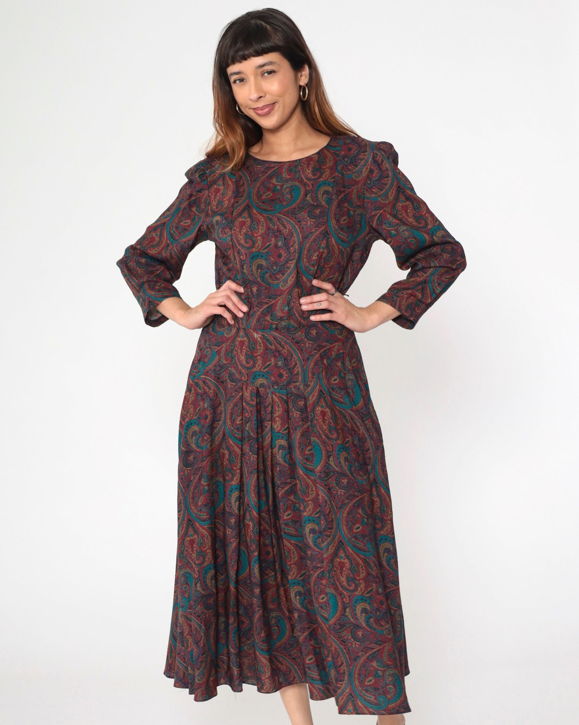 80s Paisley Midi Dress Puff Sleeve Drop Waist Pleated Pockets Medium