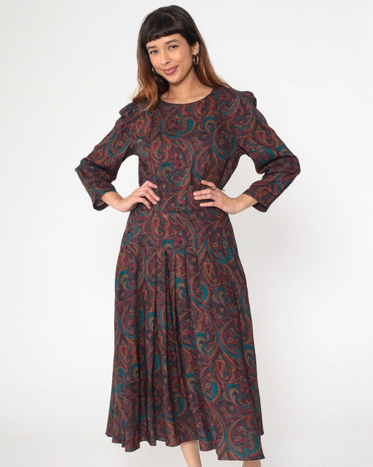 80s Paisley Midi Dress Puff Sleeve Drop Waist Pleated Pockets Medium