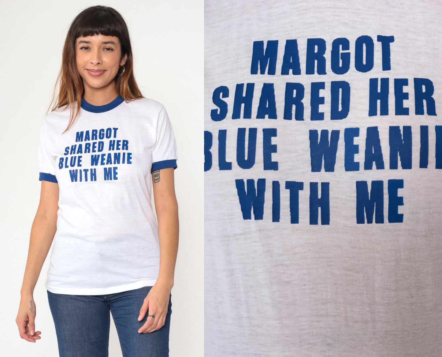 80s KC Sportswear Ringer Tee Margot Blue Weenie Graphic Joke Shirt Small
