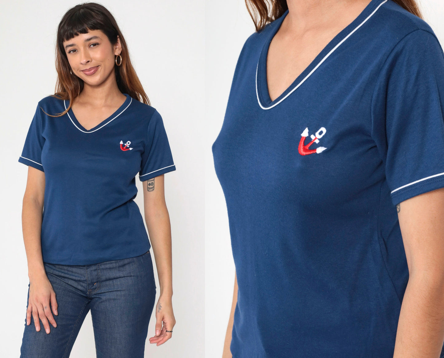 80s Navy Anchor Embroidered Ringer T-Shirt White Trim Small