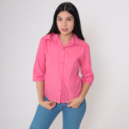 70s Bright Pink Wing Collar Button-Up Blouse 3/4 Sleeve Small