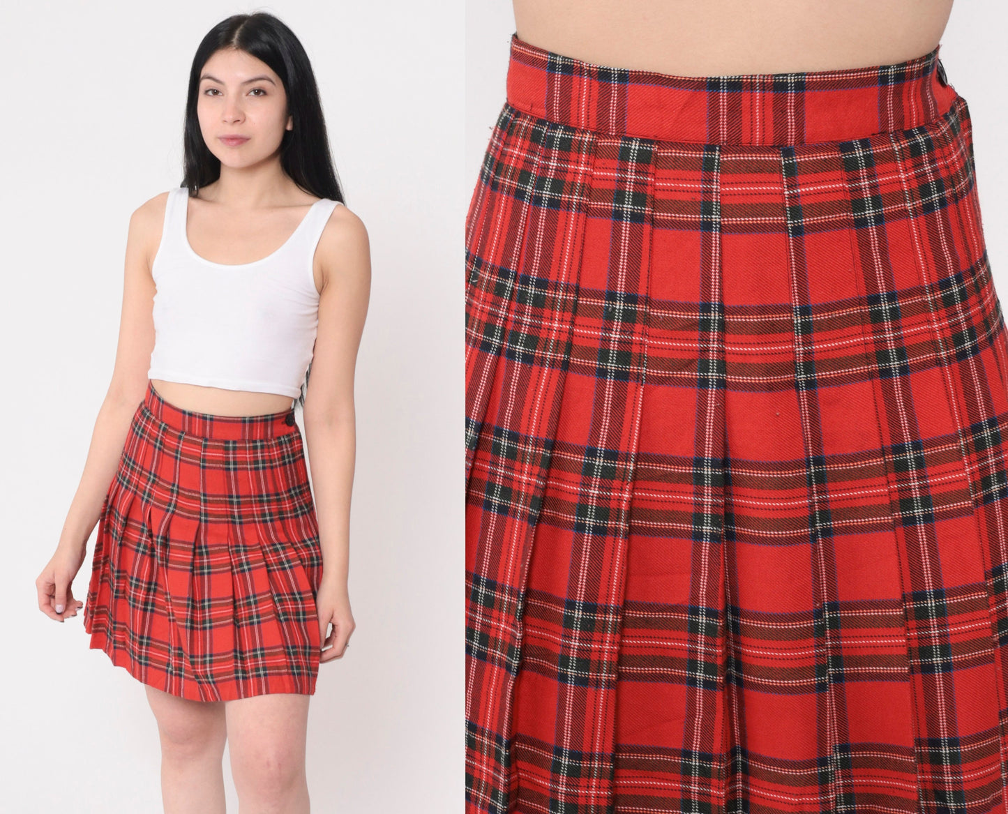 90s Red Plaid Mini Skirt High Waisted Pleated Tartan Extra Small