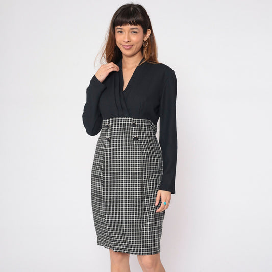 90s Black White Checkered Sheath Dress Surplice Neckline Long Sleeve Medium