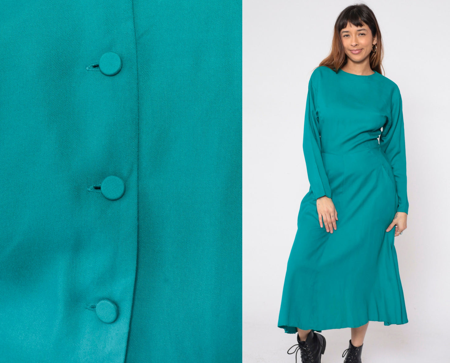 90s Teal Green Rayon Dress Button Back Batwing Sleeve Ankle Length Small