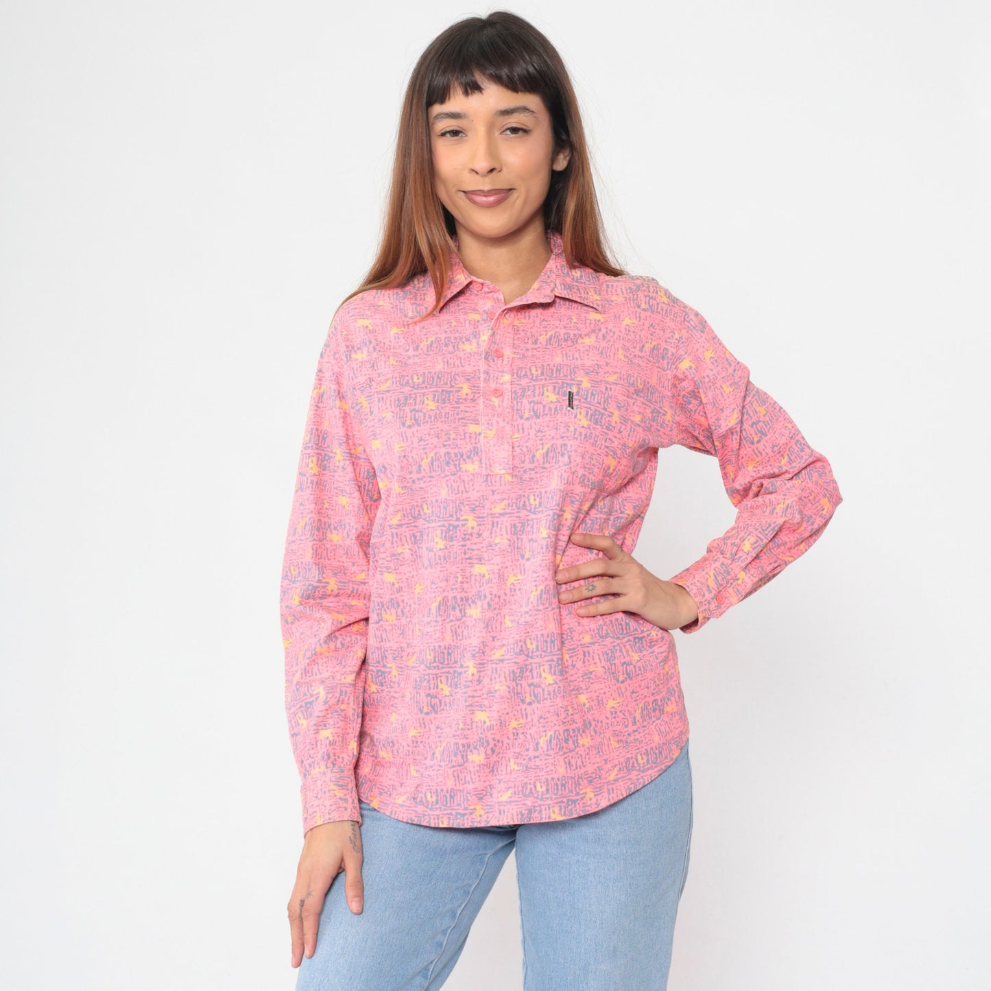 90s Manito Menswear Pink Abstract Print Polo Shirt Long Sleeve Small S