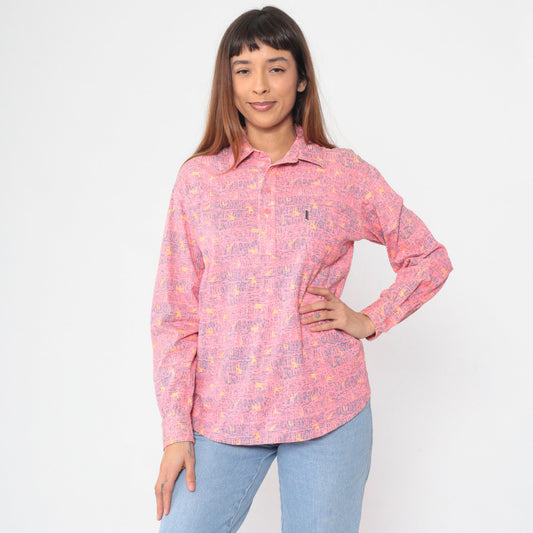 90s Manito Menswear Pink Abstract Print Polo Shirt Long Sleeve Small S