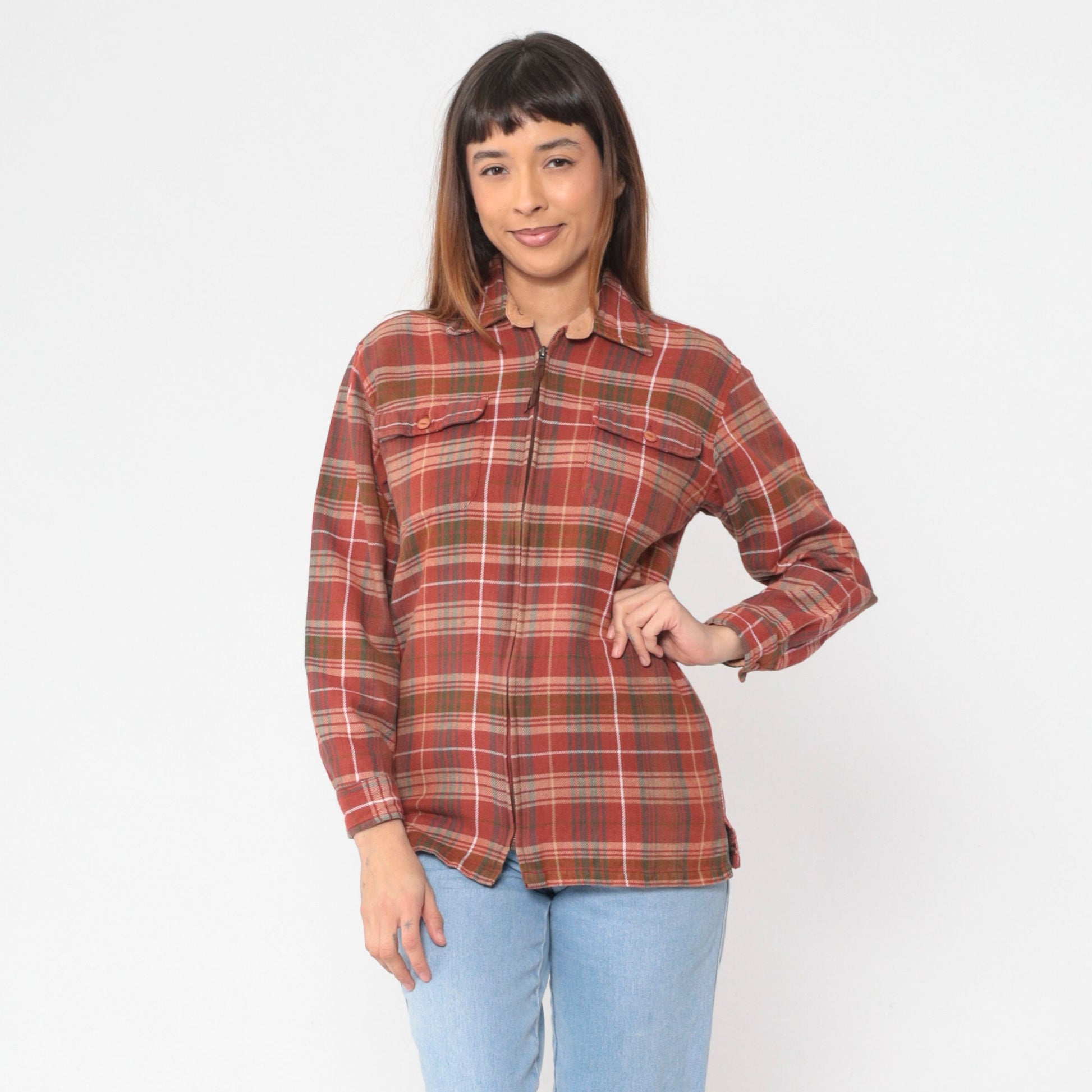 Y2K Plaid Flannel Zip Jacket Red Checkered Cotton Shacket Small