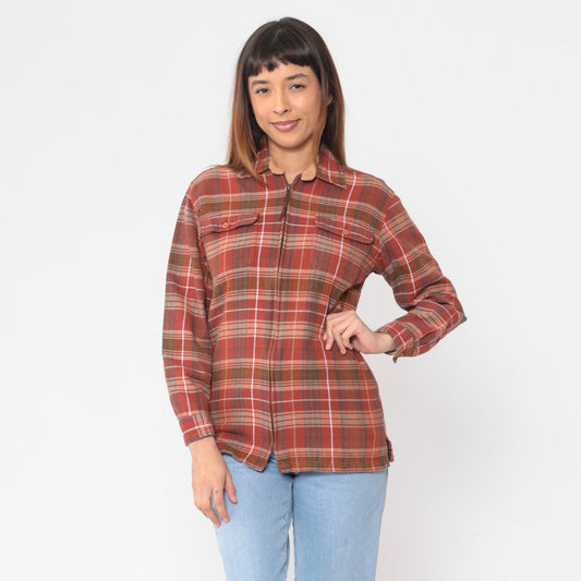 Y2K Plaid Flannel Zip Jacket Red Checkered Cotton Shacket Small