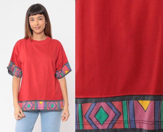 90s Southwestern Geometric Red Graphic T-Shirt Cotton Large