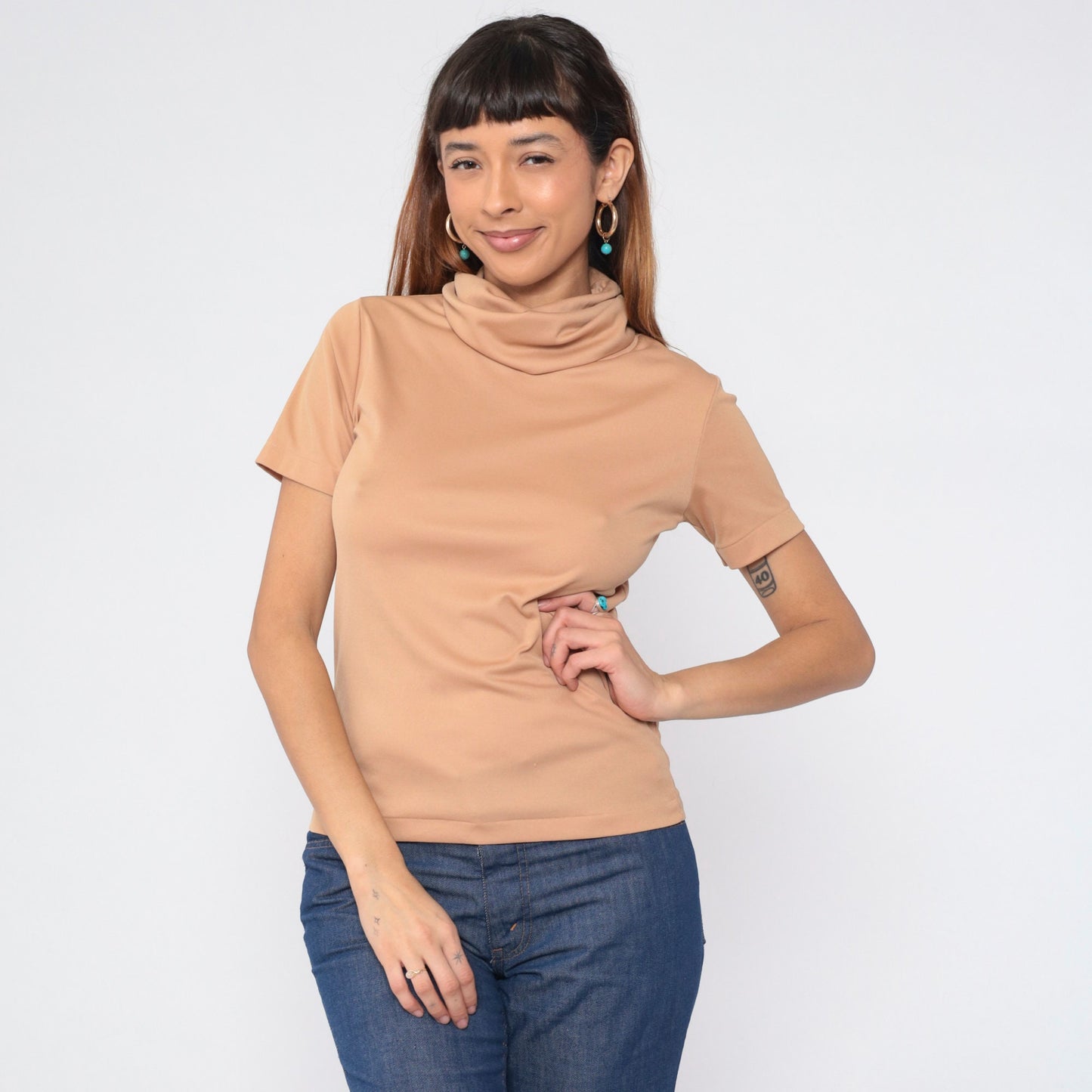 70s Tan Turtleneck Short Sleeve Blouse Medium M