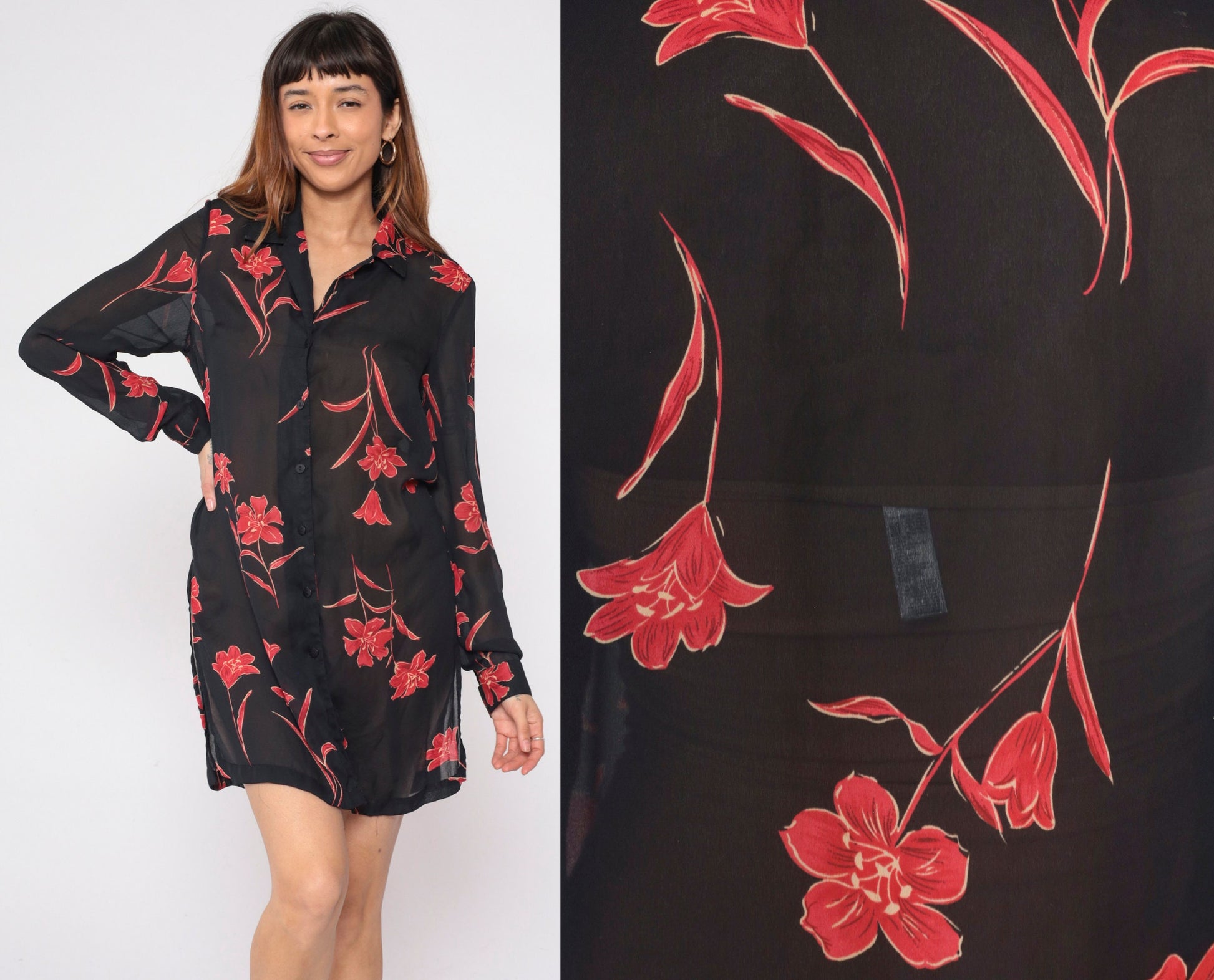 90s Black Floral Button-Up Shirt Red Print Long Sleeve Side Slit Small