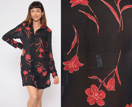 90s Black Floral Button-Up Shirt Red Print Long Sleeve Side Slit Small