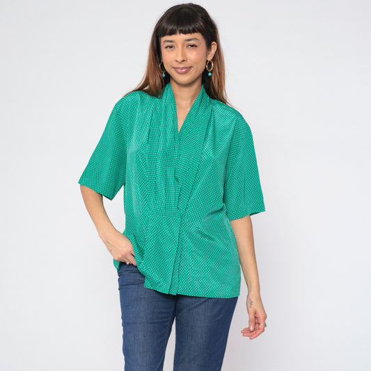 90s Green Polka Dot Blouse V-Neck Pleated Short Sleeve Shirt Large L
