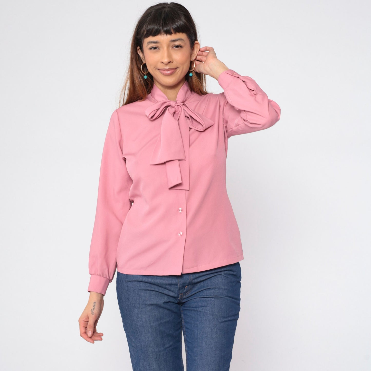 80s Judy Bond Pink Necktie Blouse Long Sleeve Button Up Medium M