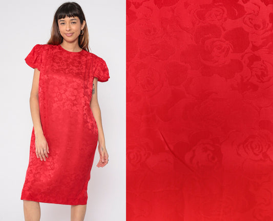 80s Lauren Alexandra Red Silk Floral Midi Dress Puff Sleeve Medium 10
