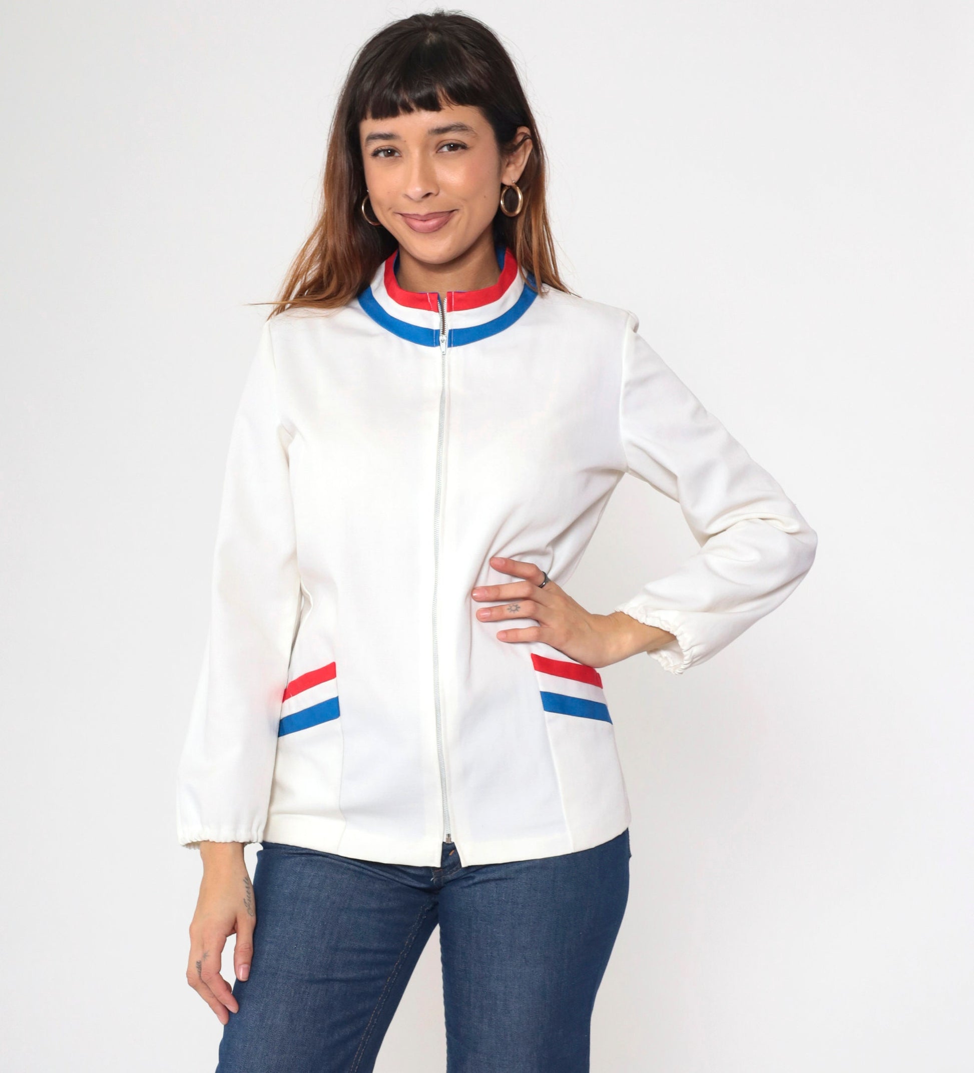 70s Striped Track Jacket White Red Blue Ringer Zip Up Mock Neck Small