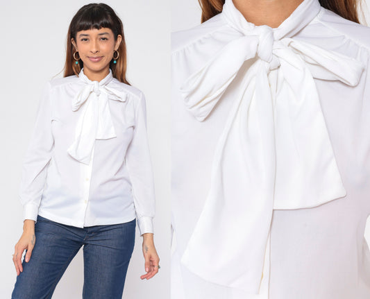 70s White Necktie Blouse Long Sleeve Button Up Ascot Shirt Medium