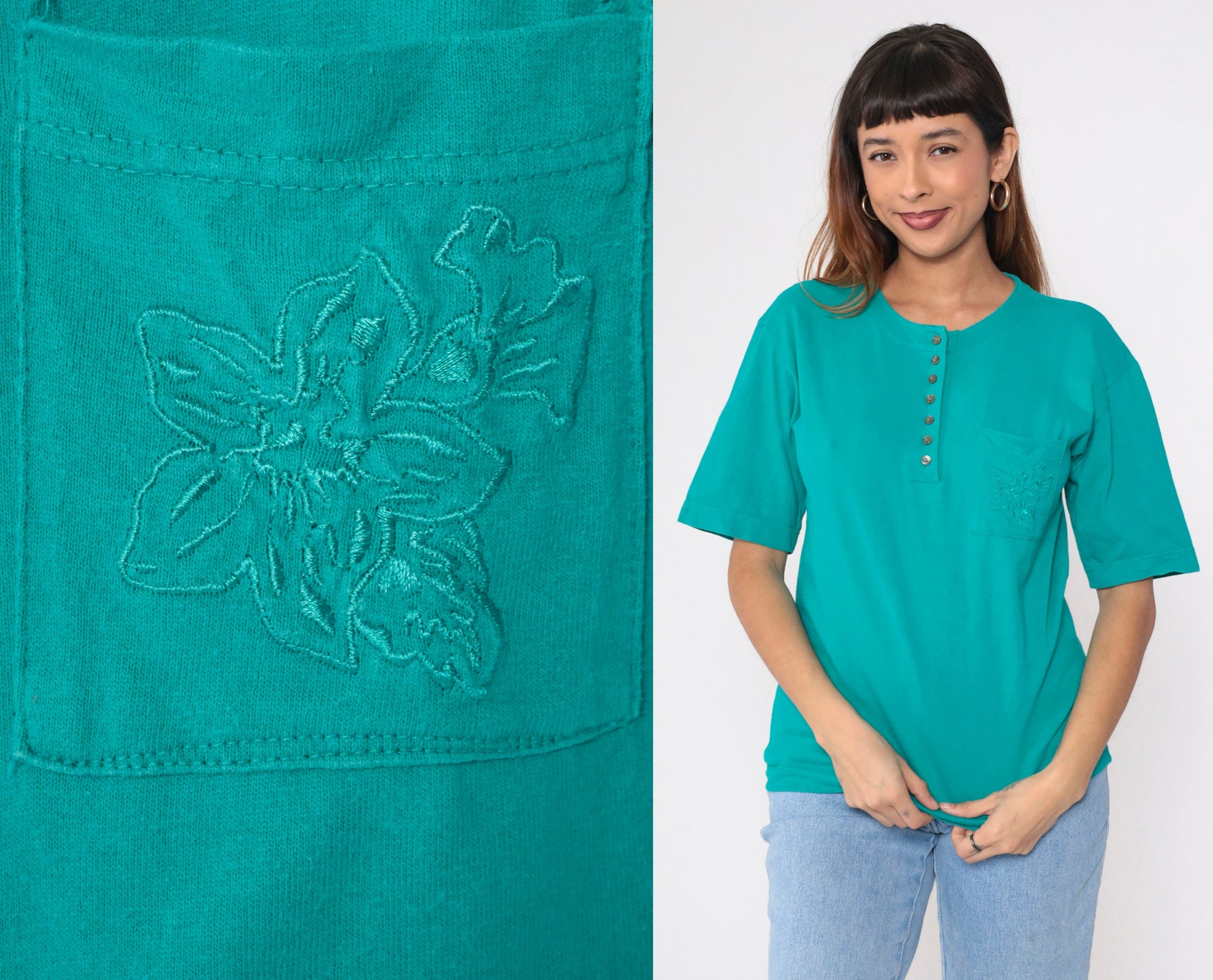 90s Teal Henley Tee Floral Embroidered Pocket Cotton Small