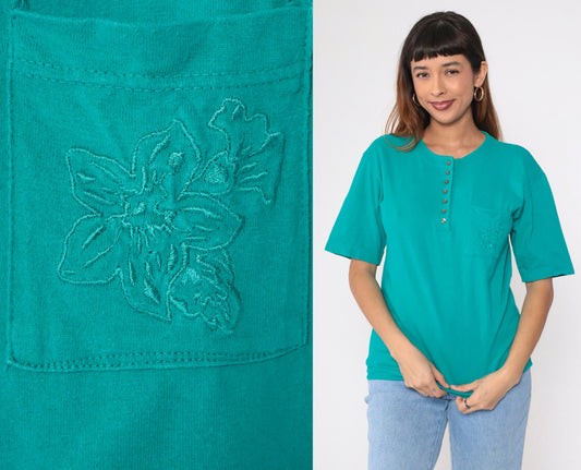 90s Teal Henley Tee Floral Embroidered Pocket Cotton Small