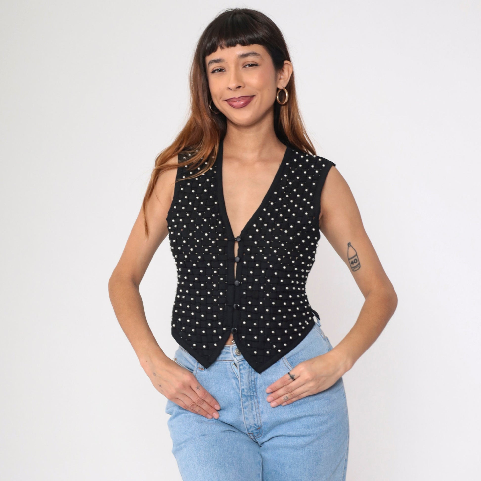90s Kenar Petites Black Pearl Beaded Vest Lattice Cutout Small