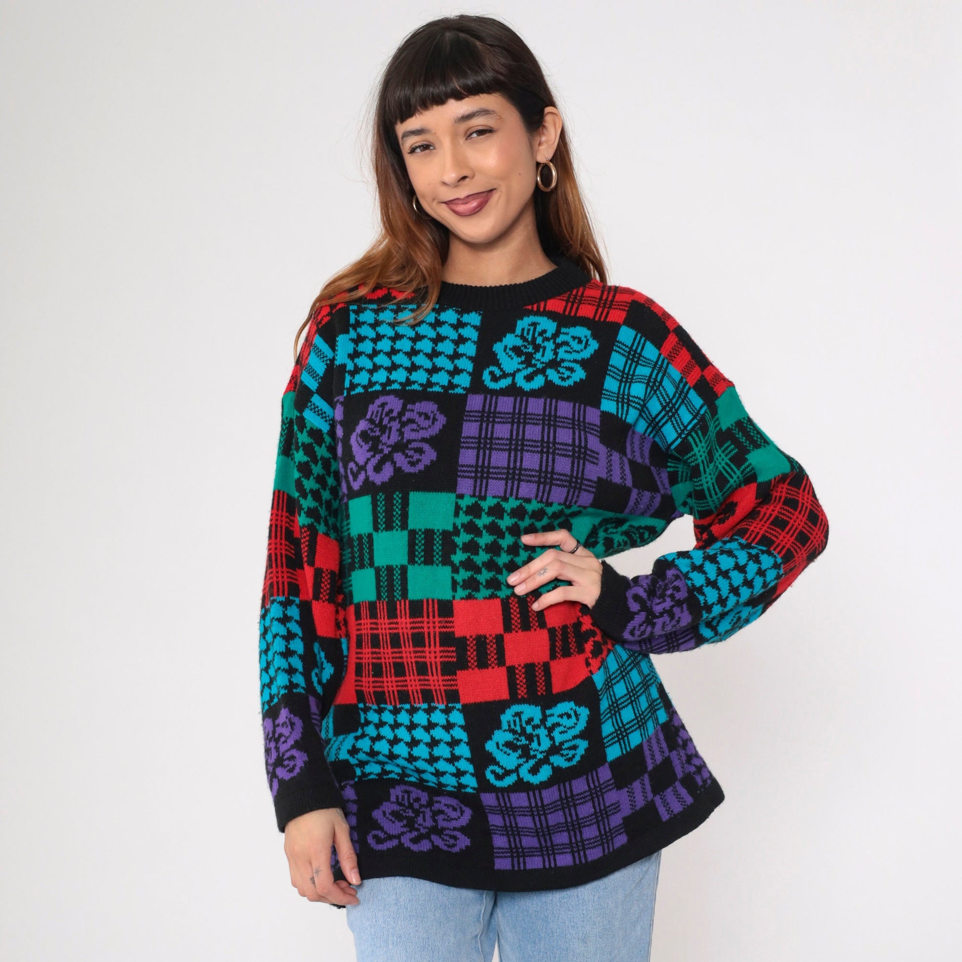 80s Traffic Jam Patchwork Checkered Floral Knit Sweater Black Red Blue Green Medium