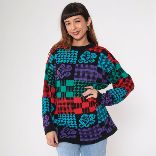 80s Traffic Jam Patchwork Checkered Floral Knit Sweater Black Red Blue Green Medium