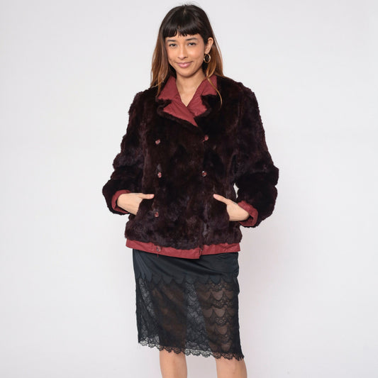 80s Burgundy Fur Double Breasted Pea Coat Reversible Medium