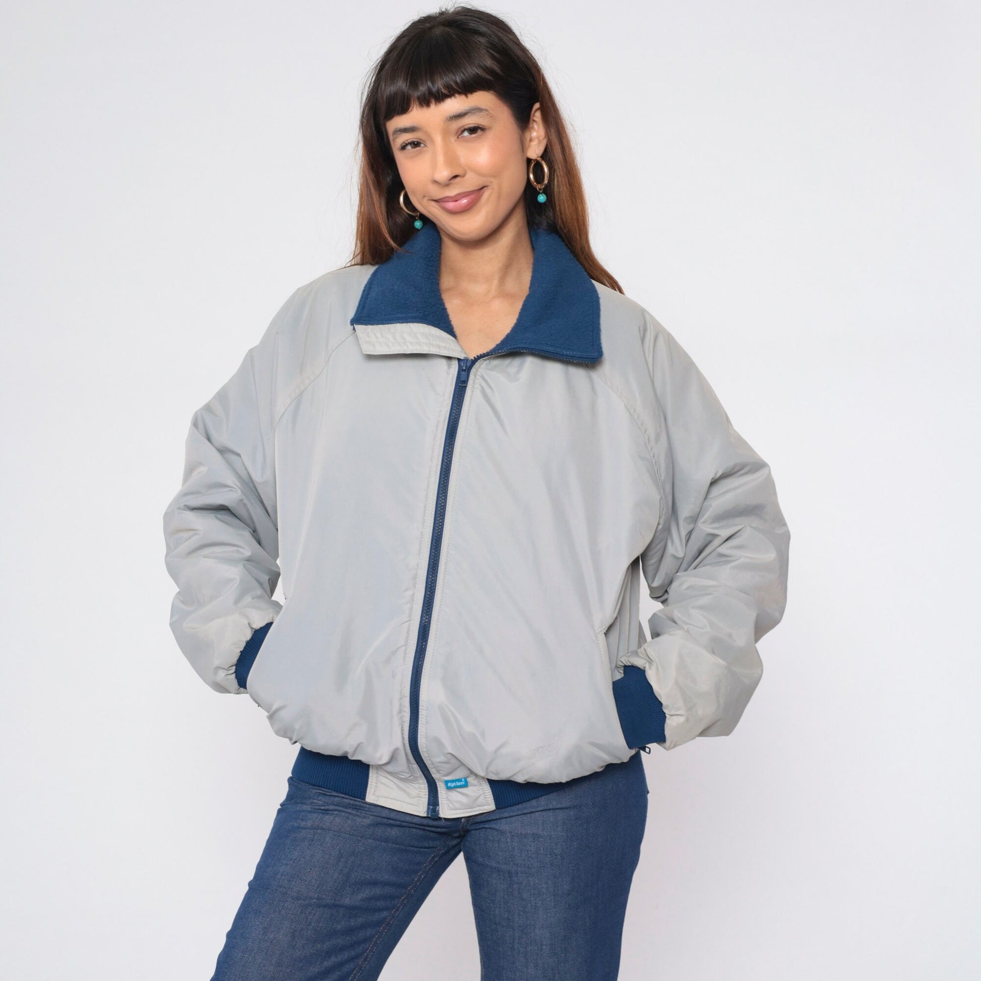 90s Grey Windbreaker Jacket Blue Fleece Lined Raglan Sleeve Large L