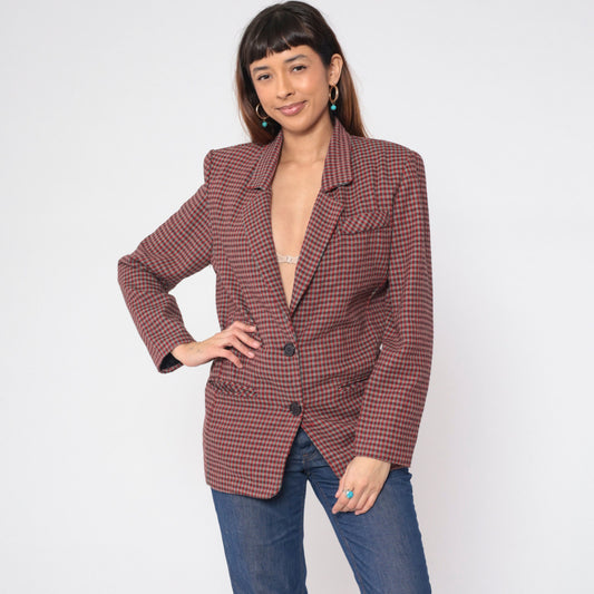 90s Rampage Plaid Blazer Red Grey Checkered Wool Blend Small
