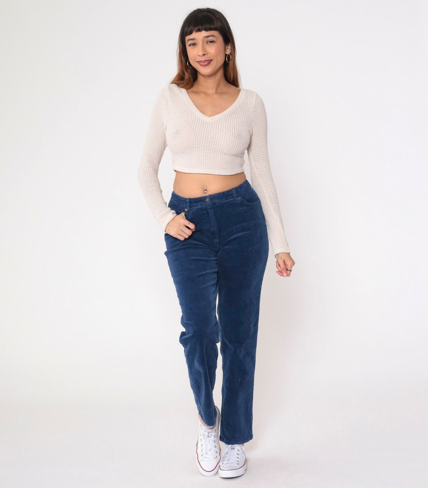 90s Newport News Dark Blue Corduroy High-Waist Tapered Trousers Medium 10