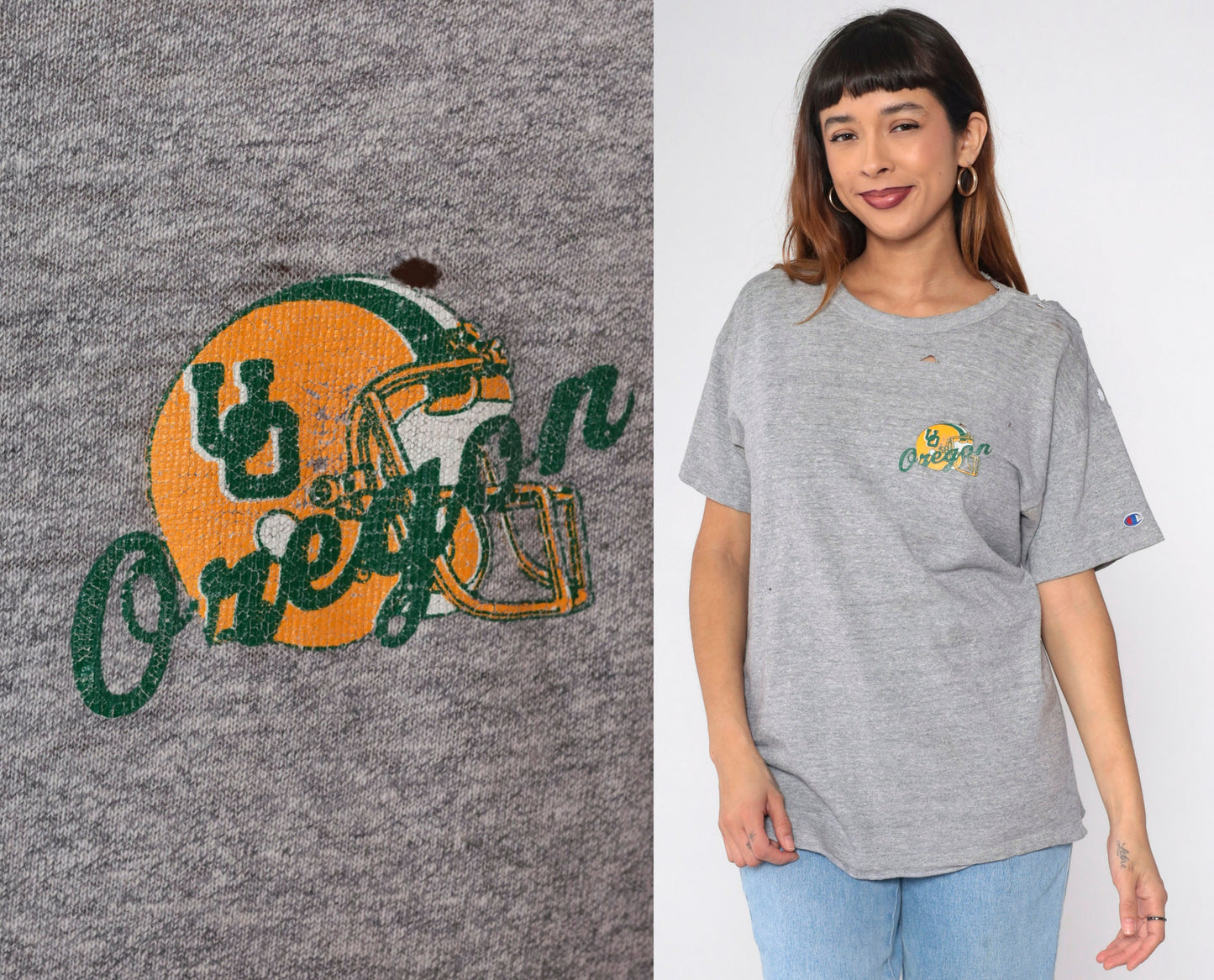80s University of Oregon Champion Football Graphic Tee Grey Distressed Medium