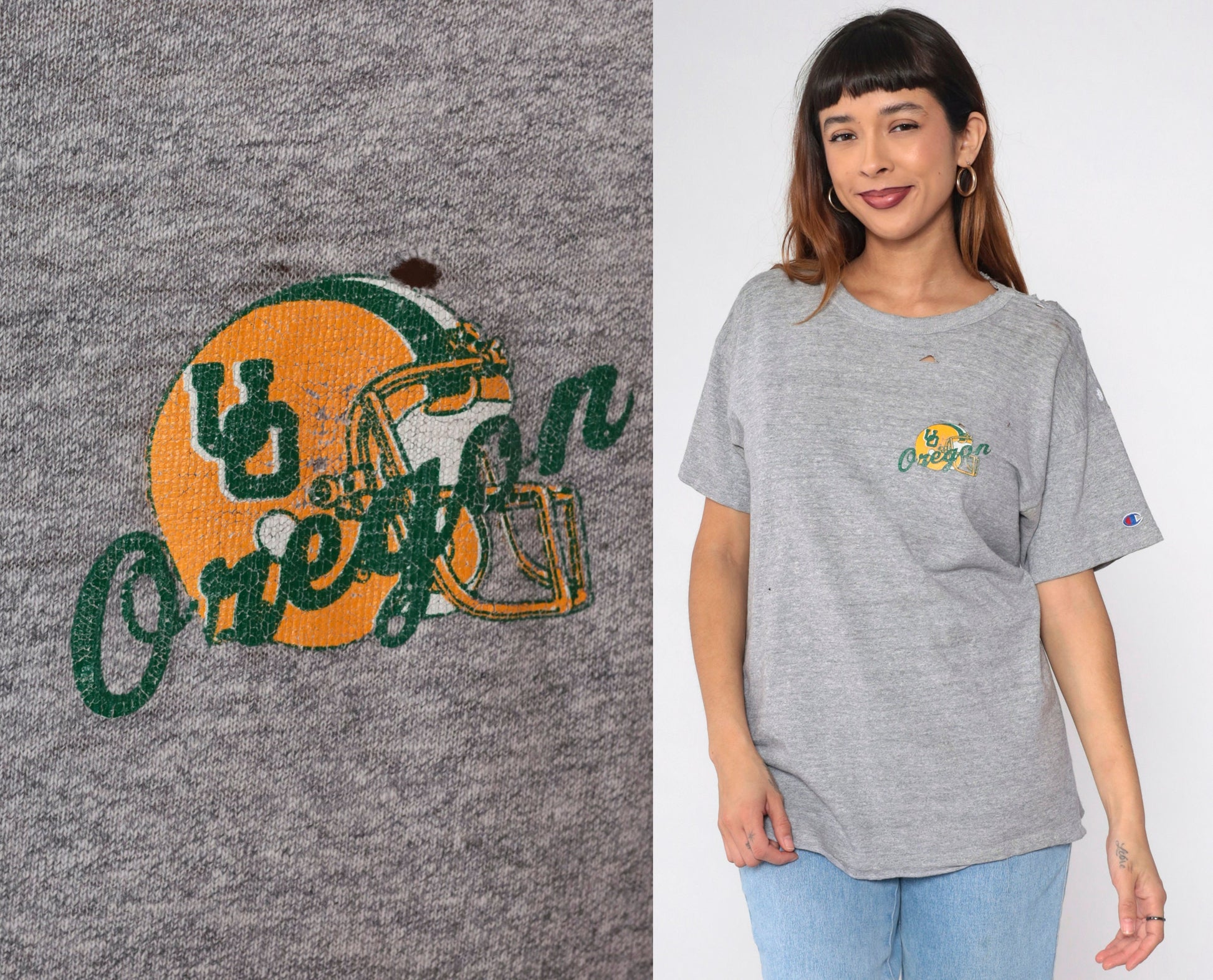 80s University of Oregon Champion Football Graphic Tee Grey Distressed Medium
